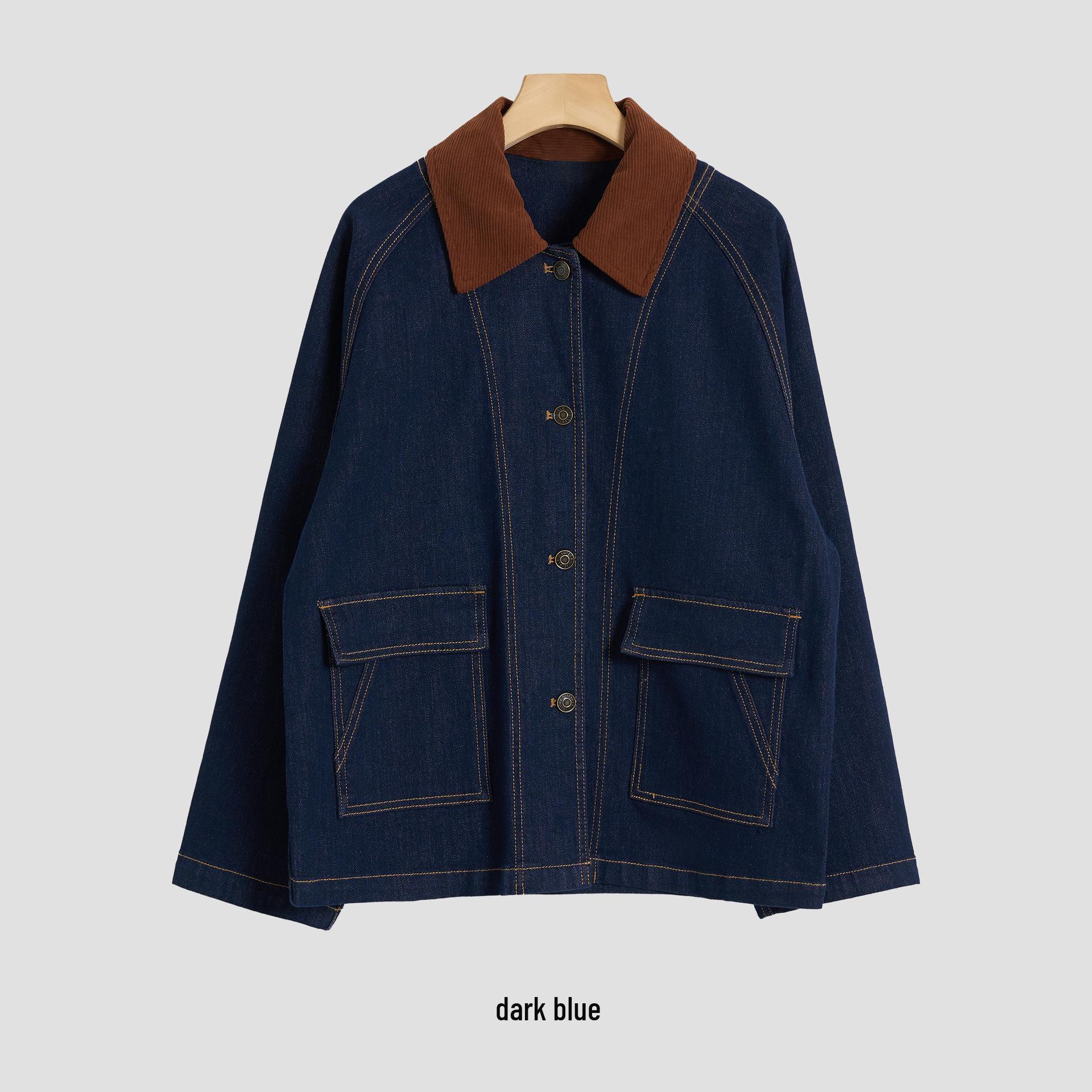 Women s Retro Corduroy Lapel Contrast Stitch Denim Jacket - Autumn 2025 Extra Large темно-синий