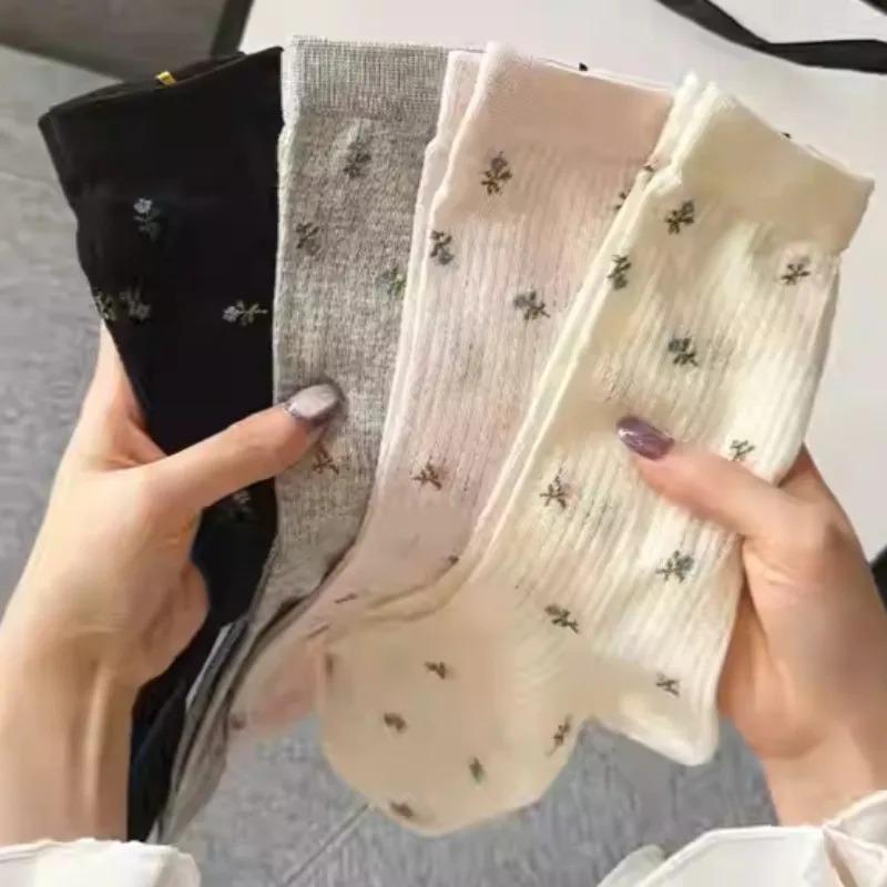 Spring Summer Thin Mesh Floral Socks Women Mid Calf Breathable Moisture Wicking Anti Odor Japanese Stacking Cotton Stockings