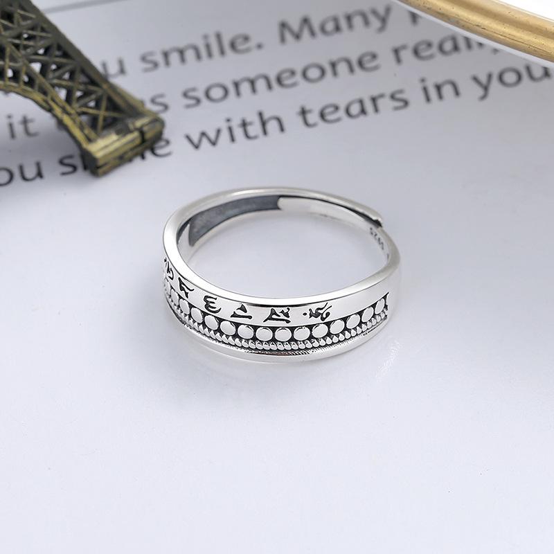 CaiYi S925 Sterling Silver Antiqued Six-Character Mantra Ring for Women, Stackable Index Finger Ring, Retro Chinese Style Lucky Jewelry