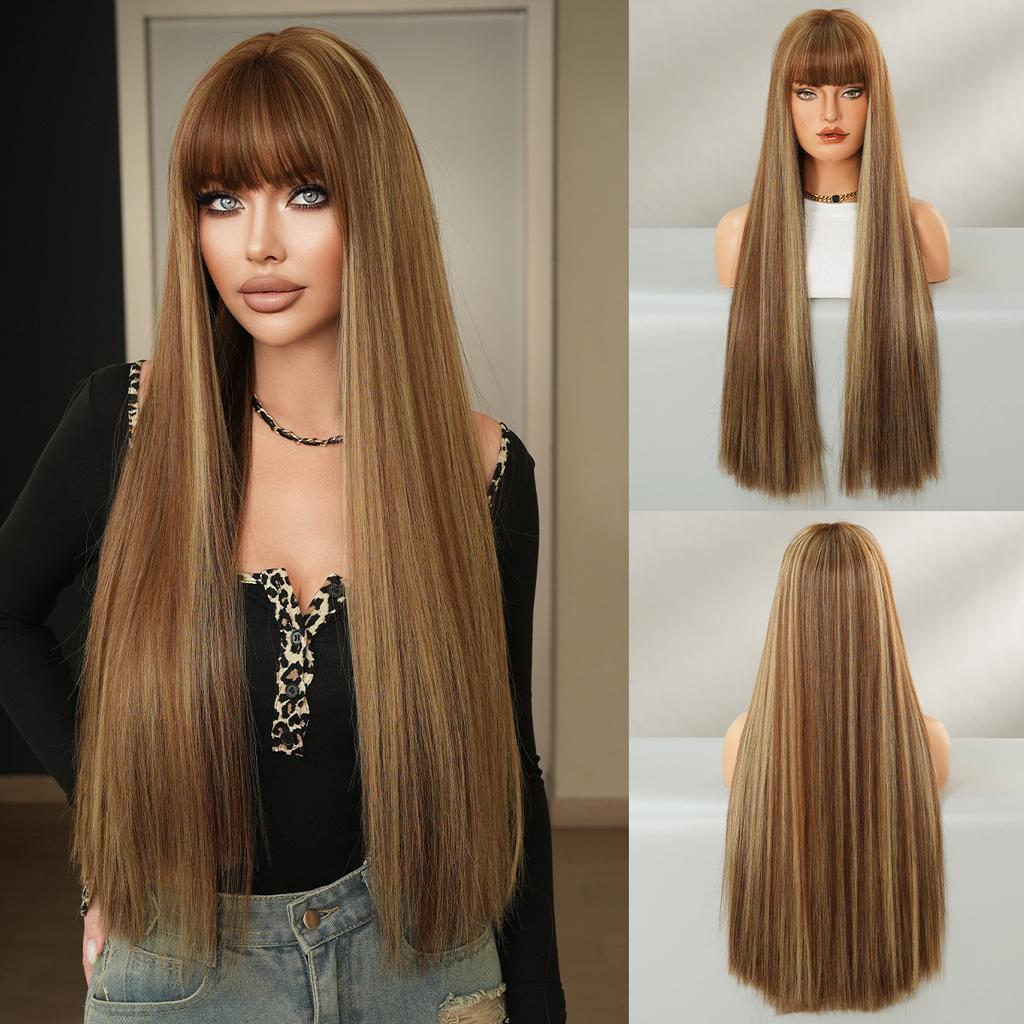 Multi Colored Optional Long Straight Hair With Bangs Wig Women's Full Head Set Natural Synthetic Matte High-temperature Silk