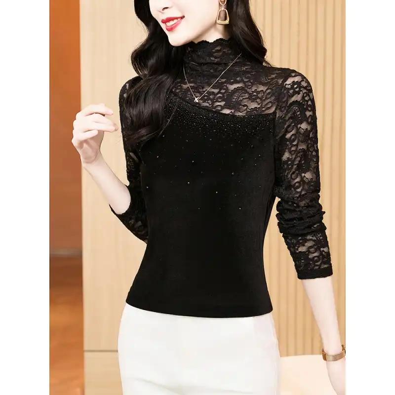 Women's Elegant Half Turtleneck Lace Top Rhinestone Decor Long Sleeve Slim Fit Warm Casual Blouse