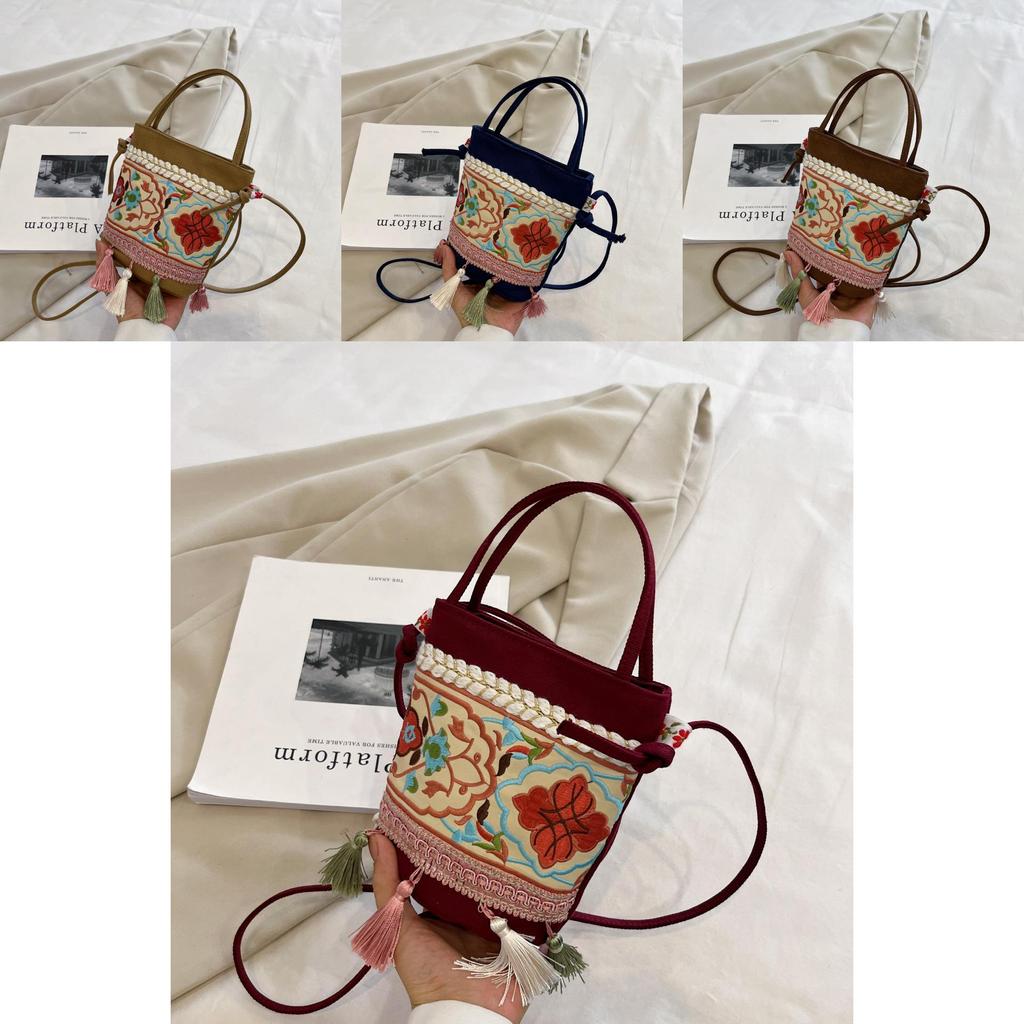 Vintage Water Bucket Bag With Tassel Embroidery For Daily Use In Art Style