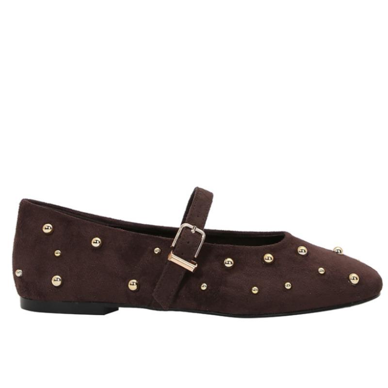 Round Toe Rivets Women Mary Jane Shoes Brown Faux Suede Metal Belt Non-slip Soft Sole Retron Design  Spring Ladies Flats