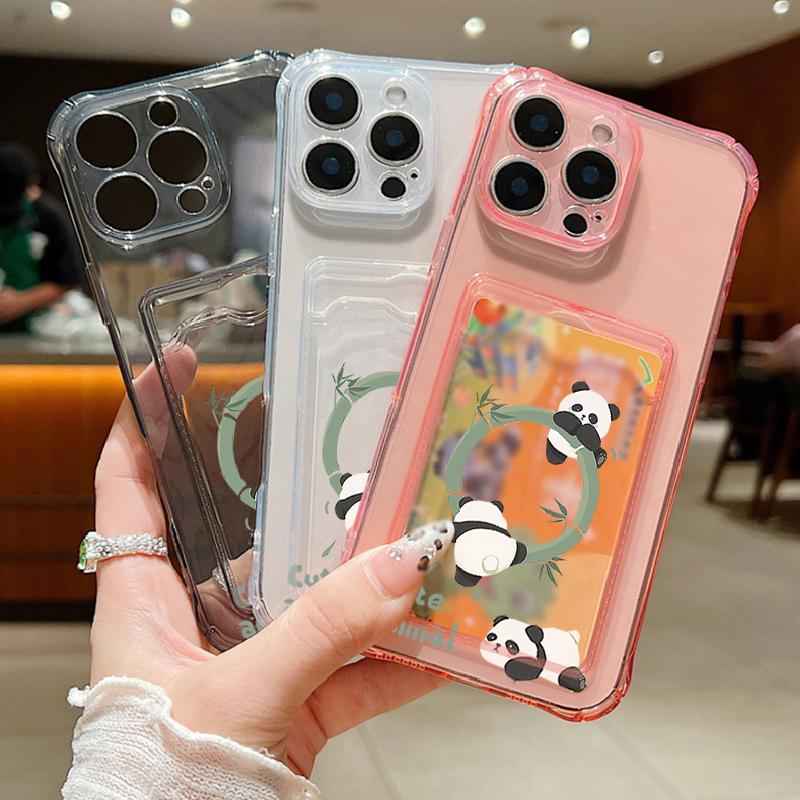 Card Slot Pocket Clear TPU Case For iPhone 17 16 Pro 17e 16e 15 14 13 12 Pro Max 11 Cartoon Panda Soft Silicone Phone Back Cover