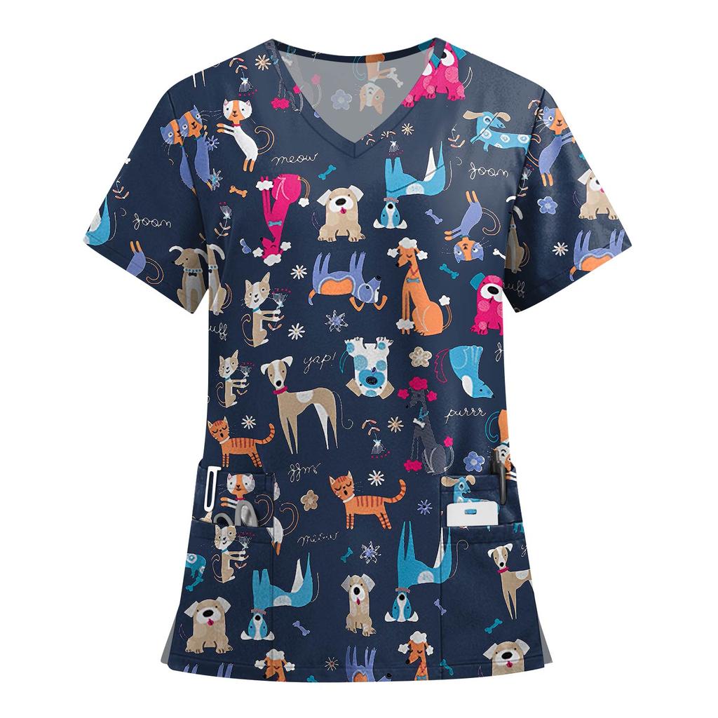 Women's Fashion Printed Short Sleeve V Neck Pattern Tops Pocket Working T-shirts