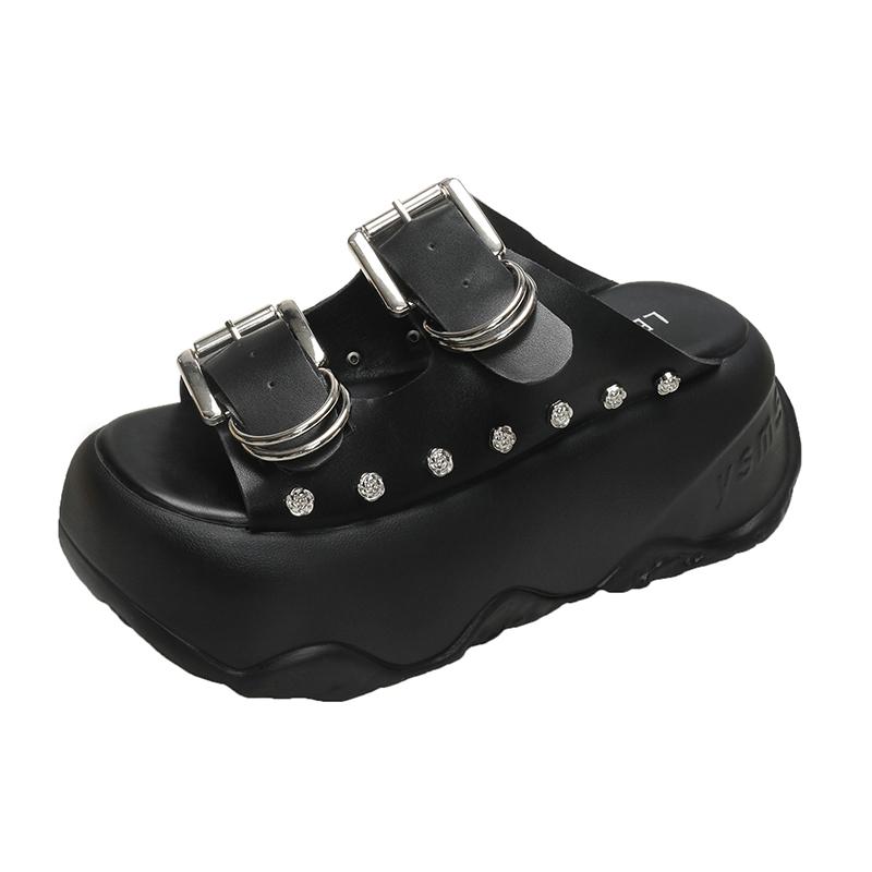 Fashion 8CM Heels Chunky Slippers Women Open Toe High Platform Leather Sandals Woman New Summer Thick Bottom Beach Buckle Shoes