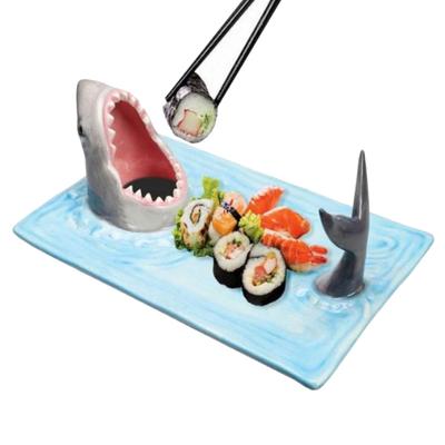 Žraločí Sushi Talíře Ručně Vyráběný Keramický Žraločí Tvarovaný Podnos na Předkrm s Misku na Sójovou Omáčku & Opěrkou na Hůlky Vhodné do Mikrovlnné Trouby & Myčky Nádobí