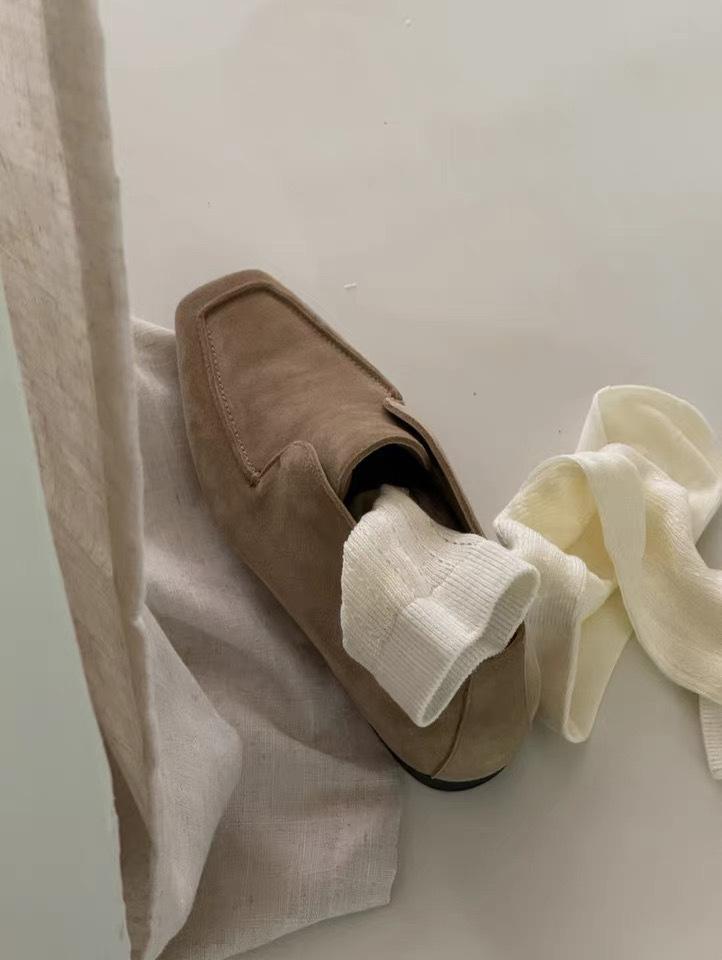 Sheepskin version~ retro niche suede square head deep mouth one-pedal loafers women's 2025 autumn and winter new single shoes