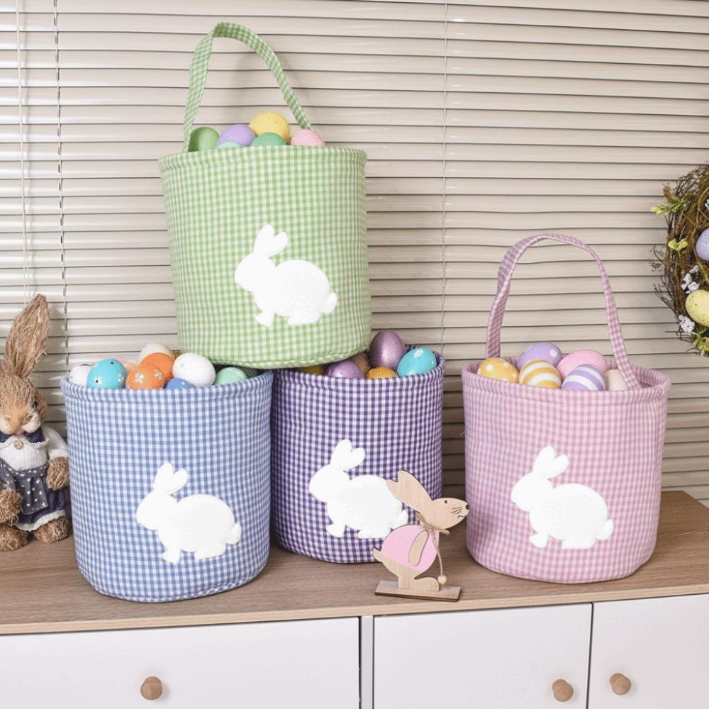 Reusable Embroidery Easter Rabbit Basket Cloth Plaid Easter Egg Hunt Basket Tote Style Decorative Storage Bag School Event