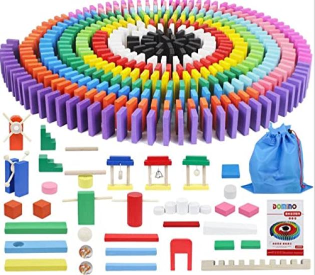 BE JOJO DOMINOES Domino Set with 43 Gimmicks and Colorful Perfect for or As a Includes Storage Bag and Original 400-Piece Devices, Wooden, Birthdays,