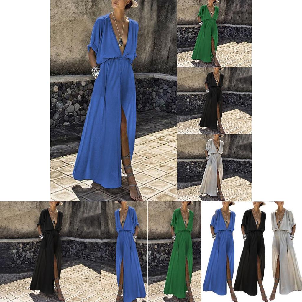 Elegant Women Deep V Neck Maxi Dress With Half Sleeve For Summer Beach Holidays