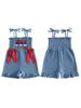 Toddler Girl Red White Blue Stars and Stripes Sleeveless Romper with Bow Tie Shoulder and Ruffled Shorts Patriotic Jumpsuit for