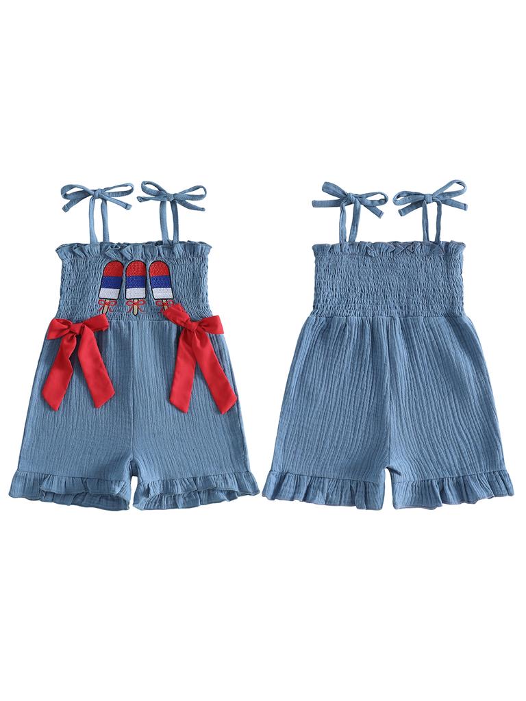 Toddler Girl Red White Blue Stars and Stripes Sleeveless Romper with Bow Tie Shoulder and Ruffled Shorts Patriotic Jumpsuit for