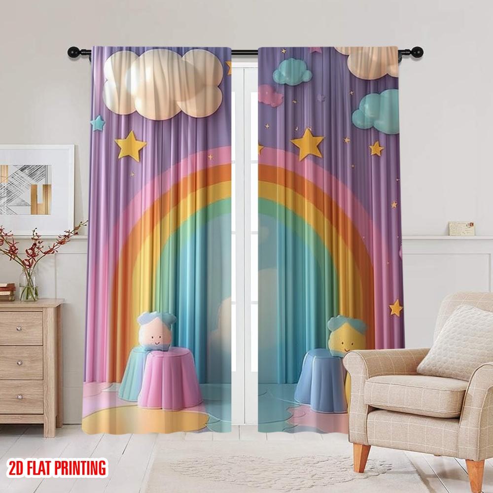 2pcs Window Treatment Curtains Rainbow Clouds And Stars Polyester Perfect for Holiday Decor