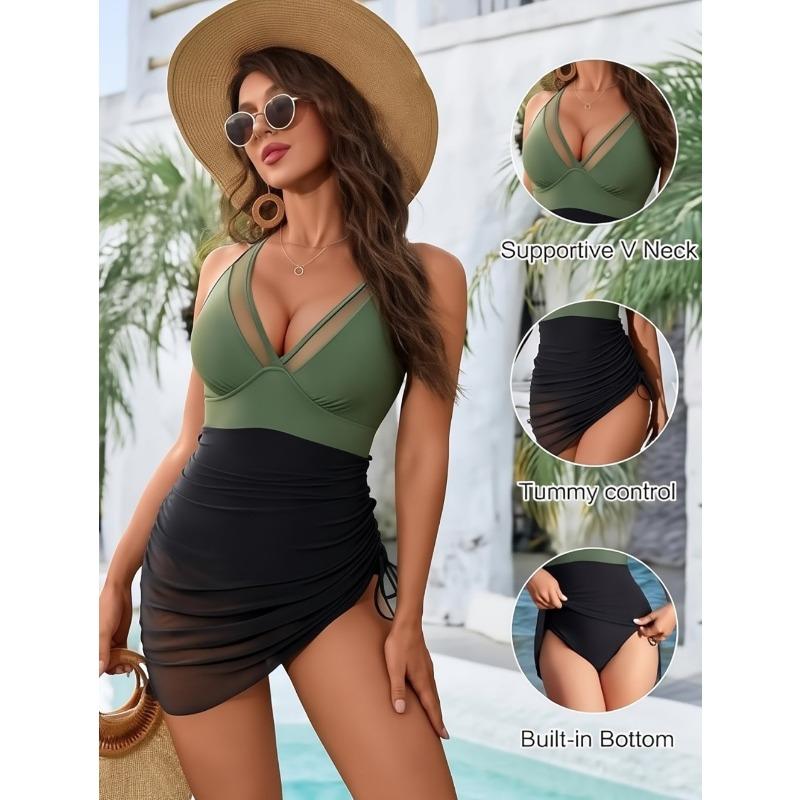 Women High Waist Backless One Piece Mesh Drawstring Sexy Slim Fit Bikini Swimsuit