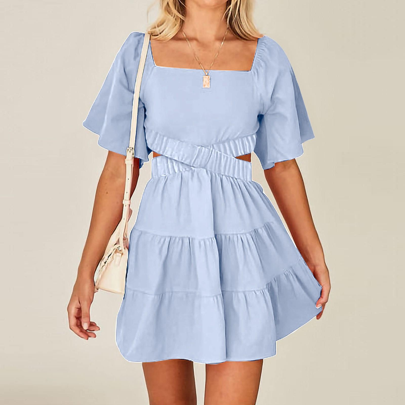 

Женские летние платья с квадратным вырезом и коротким рукавом с вырезом на талии, повседневное вечернее многоуровневое платье трапециевидной формы M