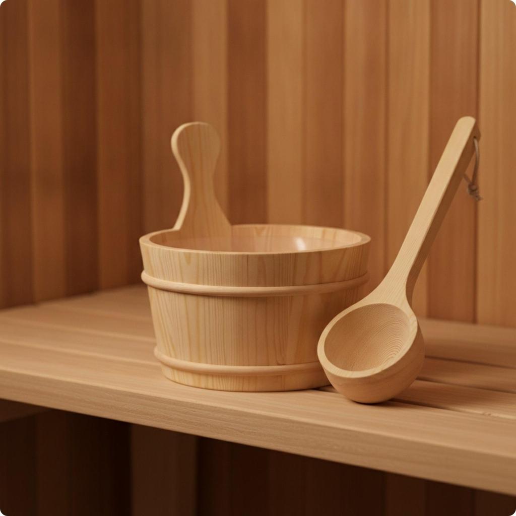Wooden Sauna Pail Natural Wood and Ladle Set Long-Lasting
