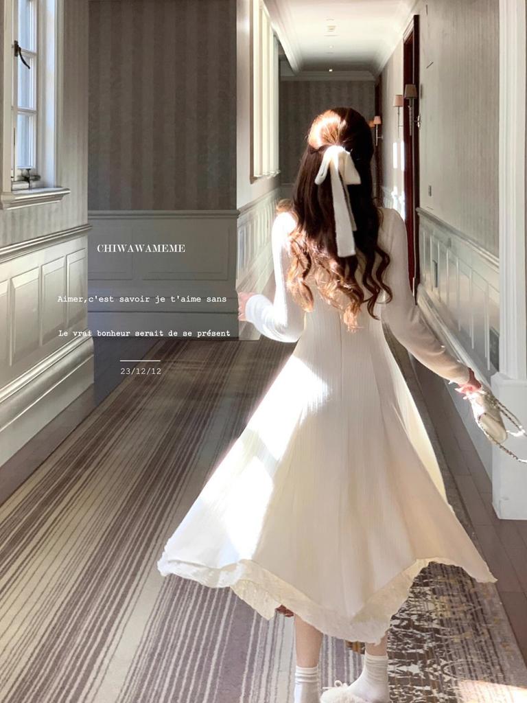 Elegant French Long Sleeve Dress for Women Autumn Casual Minimalist Boutique Inner Wear White Long Dress New Style