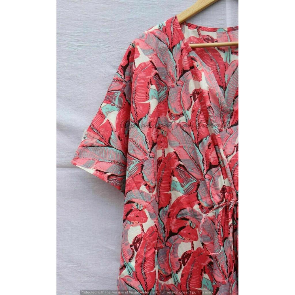 Indian Red Long Leaf Print Cotton Hippie Maxi Women Boho Nightwear Caftan Dress CKFTN-SCRN-FULL-BUYIT-011