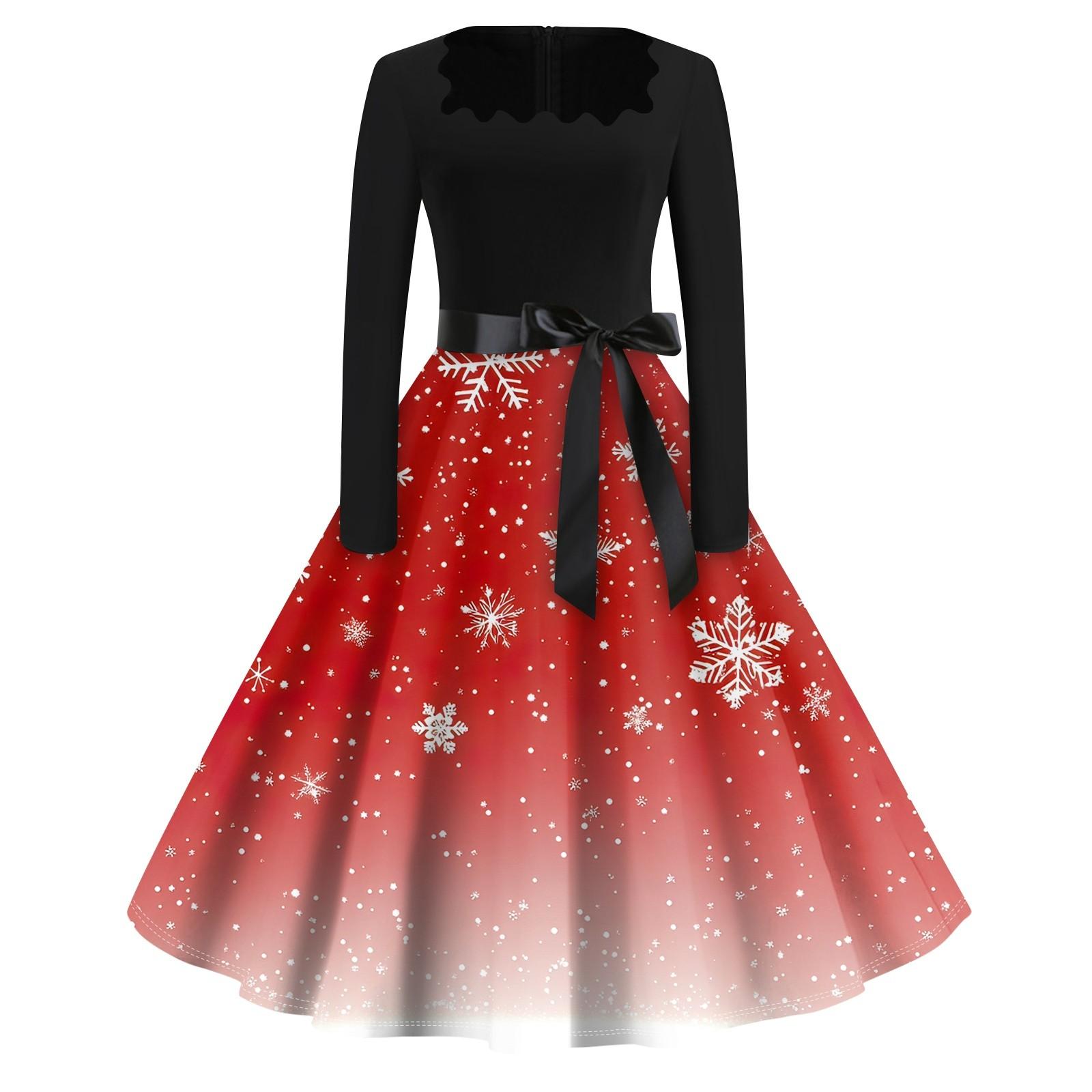 Рождественский принт расклешенное платье для женщин платье с длинным рукавом ажурное — фото 6