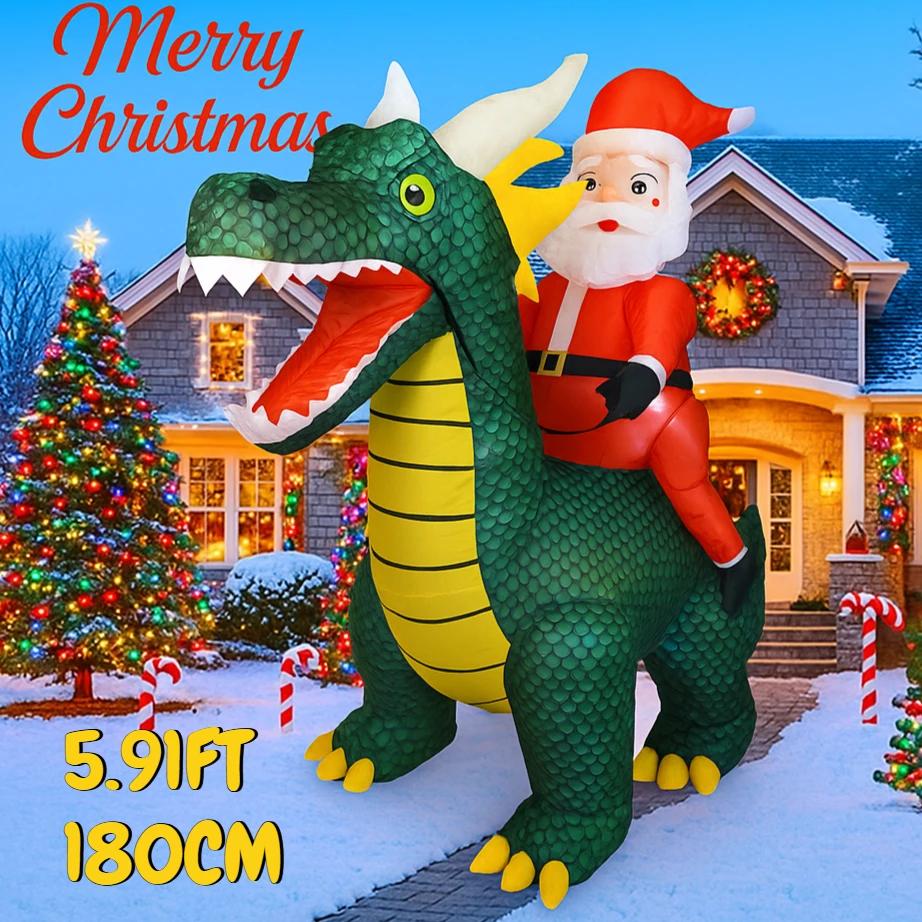 5.91FT Inflatable Toy Santa Claus Dragon with LED Light Festive Gift Xmas Decoration for Yard Christmas Supplies Home Ornament