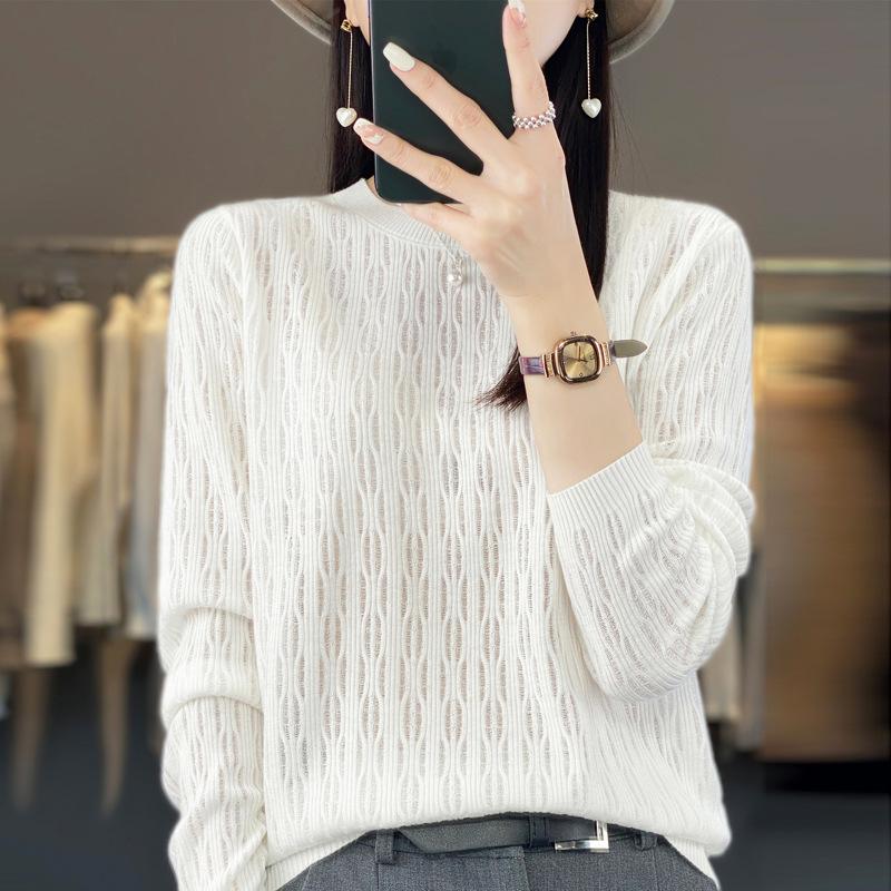 Round-neck Long-sleeved Women's Thin Loose Knitted Sweater, Exquisite Lantern-shaped Hollowed-out Knitted Top