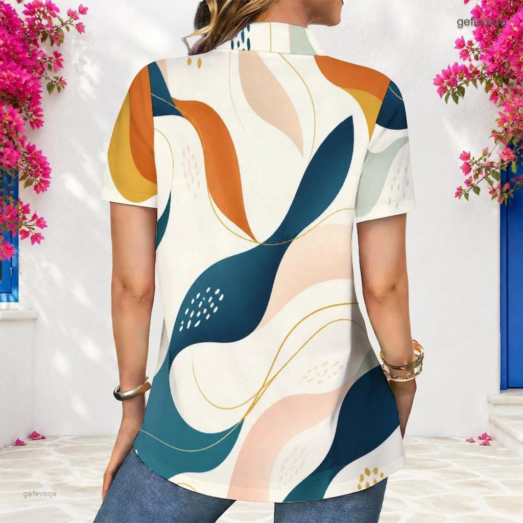 Women Plus Size Short Sleeve Button Up Shirt Abstract Geometric Print Lapel Casual Loose Blouse For Daily Office Wear