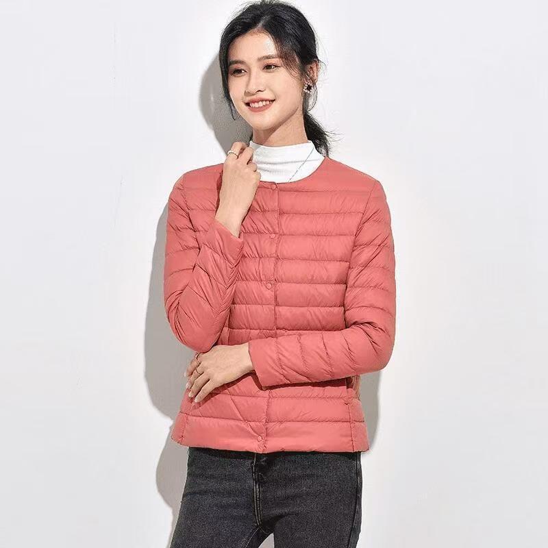Women's 2025 Lightweight White Duck Down Ribbed Jacket - Warm Round Neck Short Coat