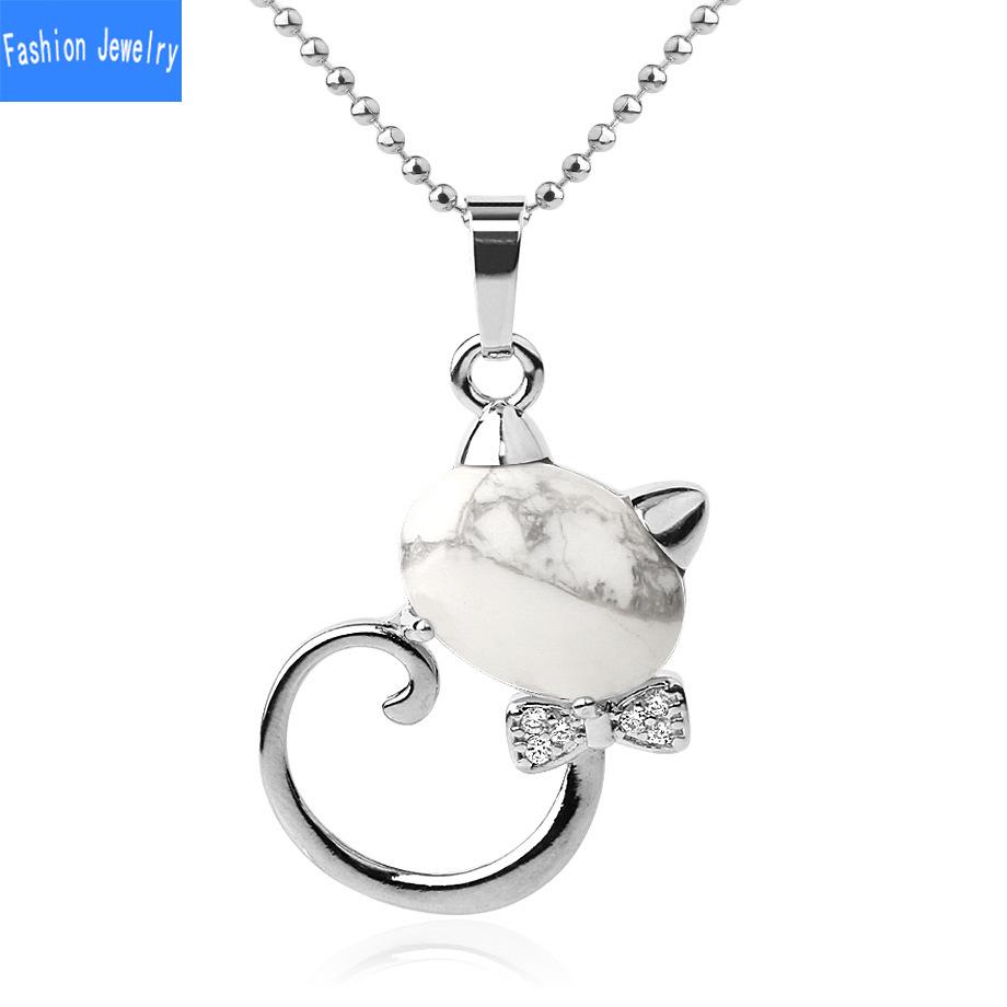 Natural Stone Cute Cat Pendant Multicolor Semi Gem Personalized Necklace