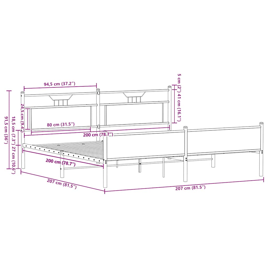 Metal Bed Frame without Mattress Smoked Oak Finish 200x200 cm