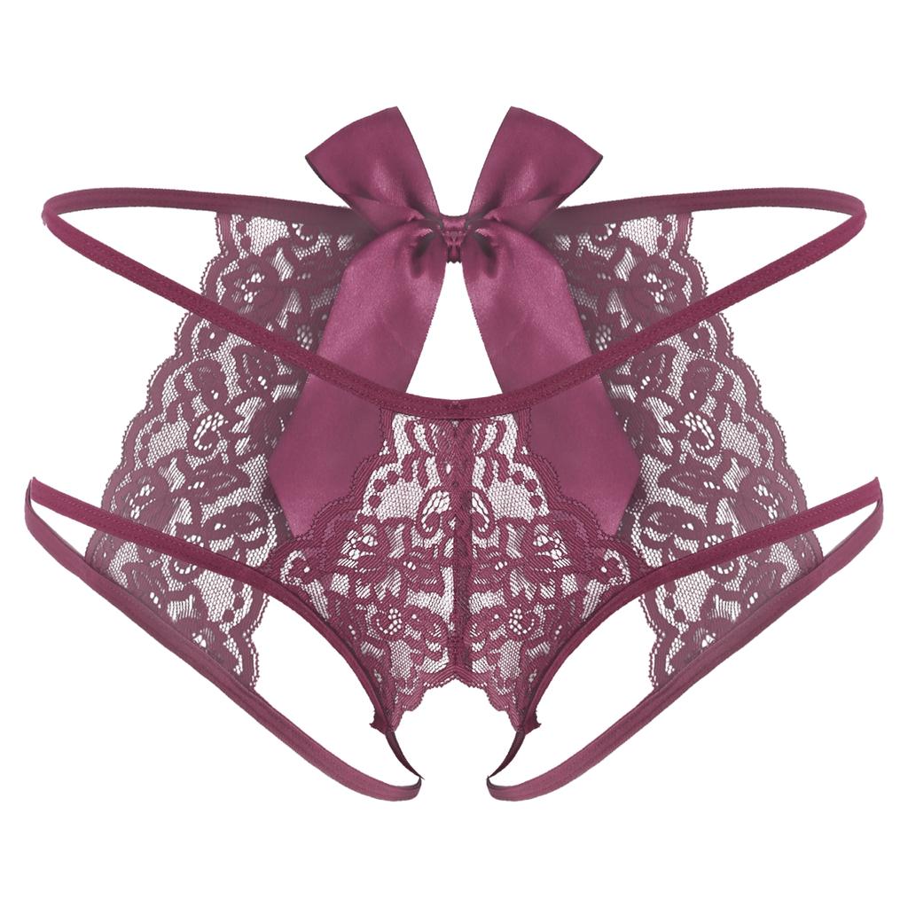 Pánské průsvitné krajkové G-string spodní prádlo se strappy T-back střihem bez rozkroku a mašličkou, dárek na líbánky