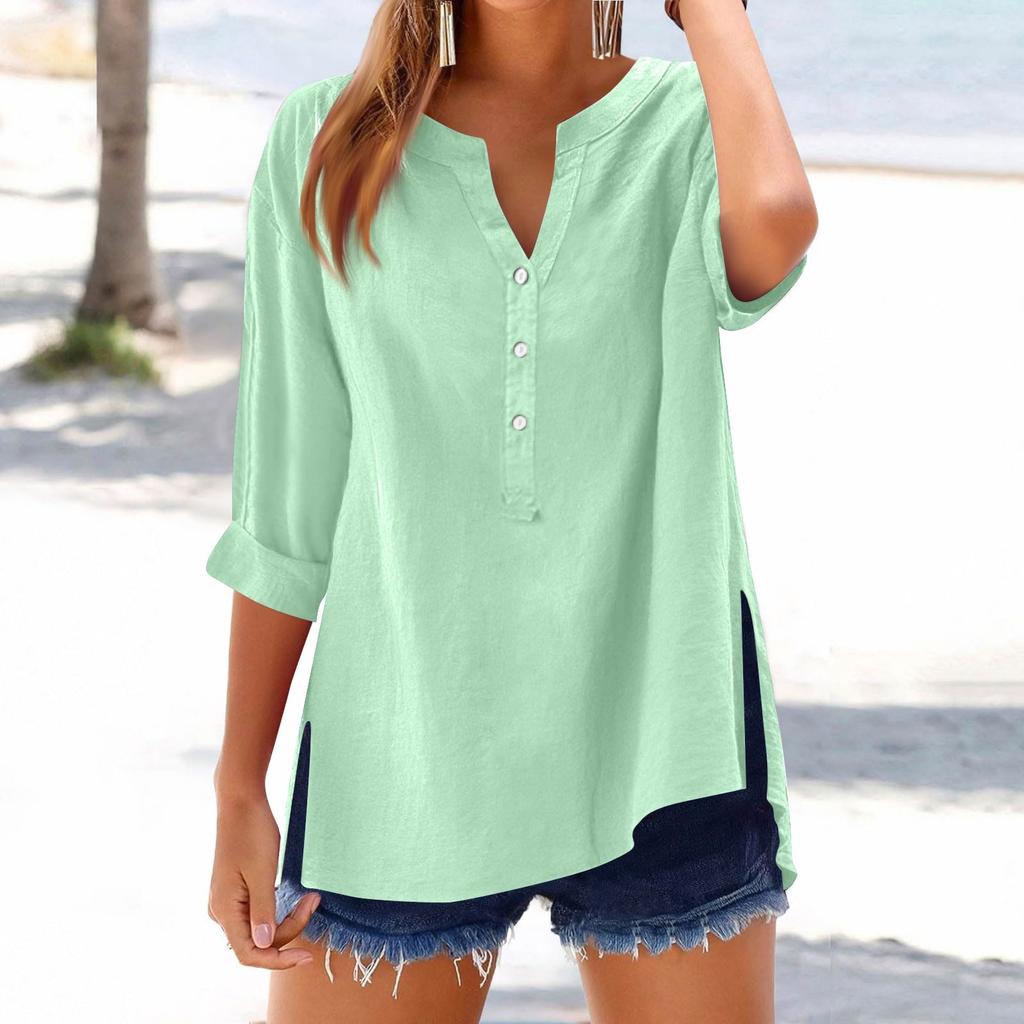 Women's Casual V-Neck Button Down Shirt Solid Color Long Sleeve Hem Split Cotton Blouse