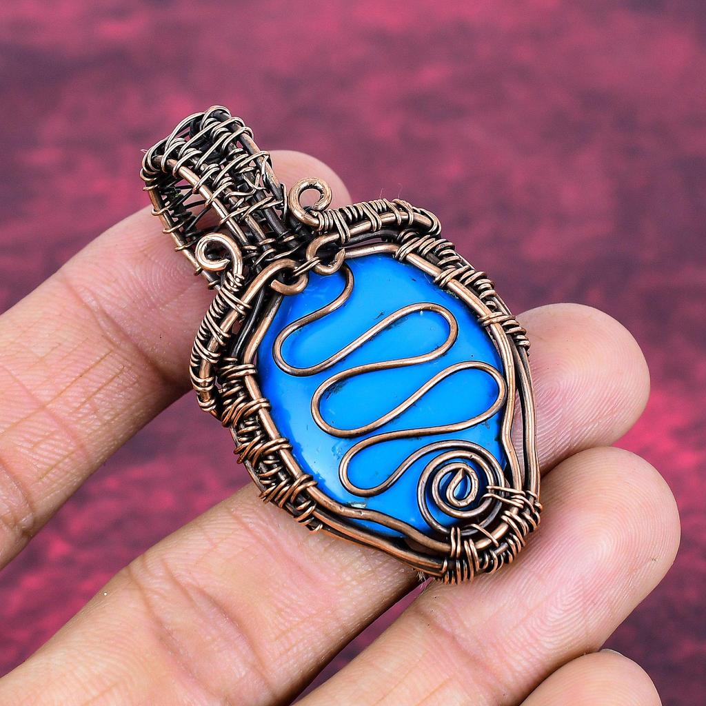 Sleeping Beauty Turquoise Gemstone Pendant Copper Wire Wrapped Handmade Jewelry