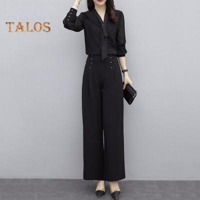 2 Pcs/Set OL Commuting Outfit Shirt Pants Set Pure Color V Neck Long Sleeve Blouse High Waist Wide Leg Trousers Business Office Clothes