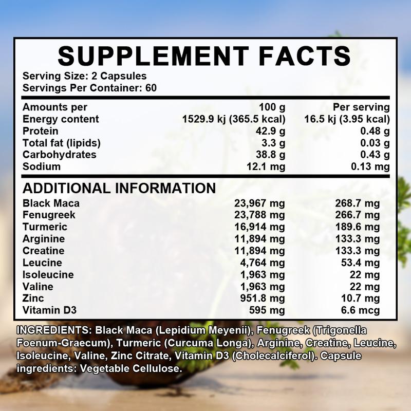 Maca Capsules Contain 120 Capsules of Black Maca Huluba Ginger Which Balance Energy and Enhance Physical Strength