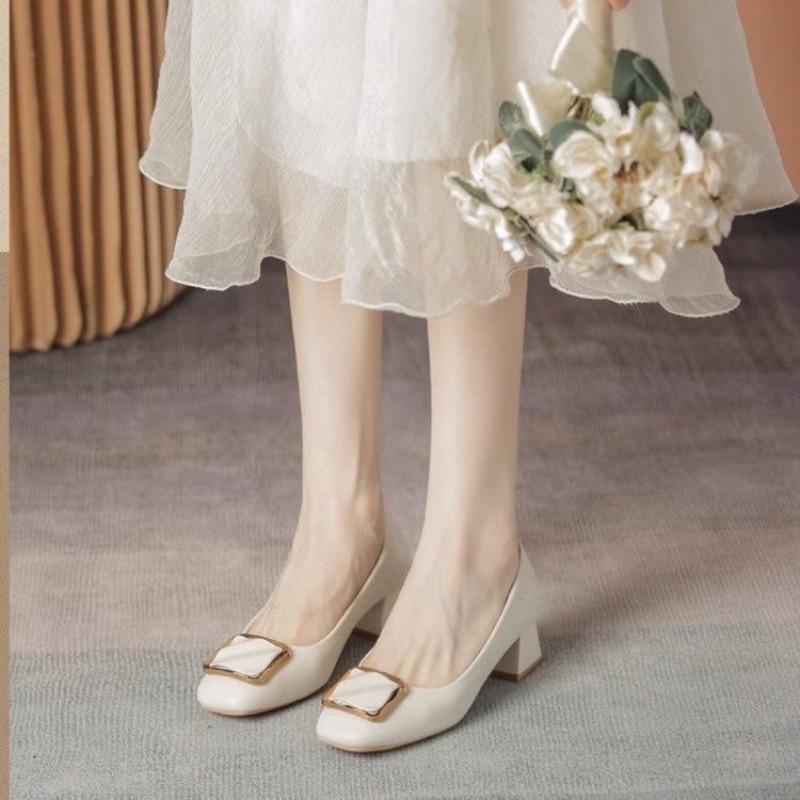 Shallow Mouth Medium Heel Single Shoes Women's Thick Heel New Soft Leather Long Standing Is Not Tired Feet Comfortable Square Buckle Gentle Shoes
