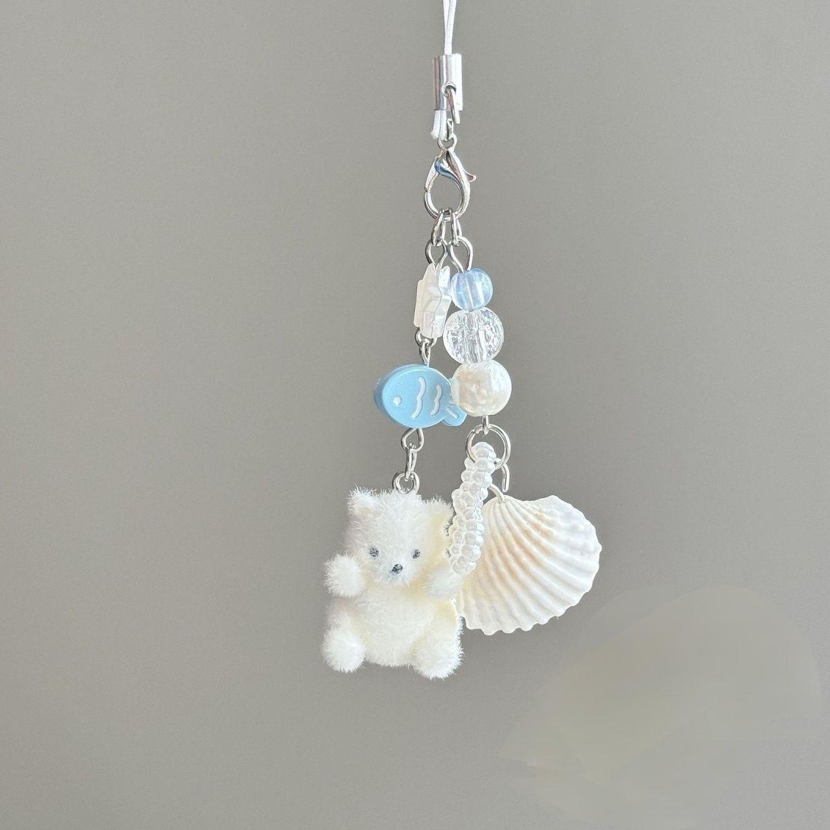 Cute Polar Bear Flocking Phone Case & Fish Keychain Pendant