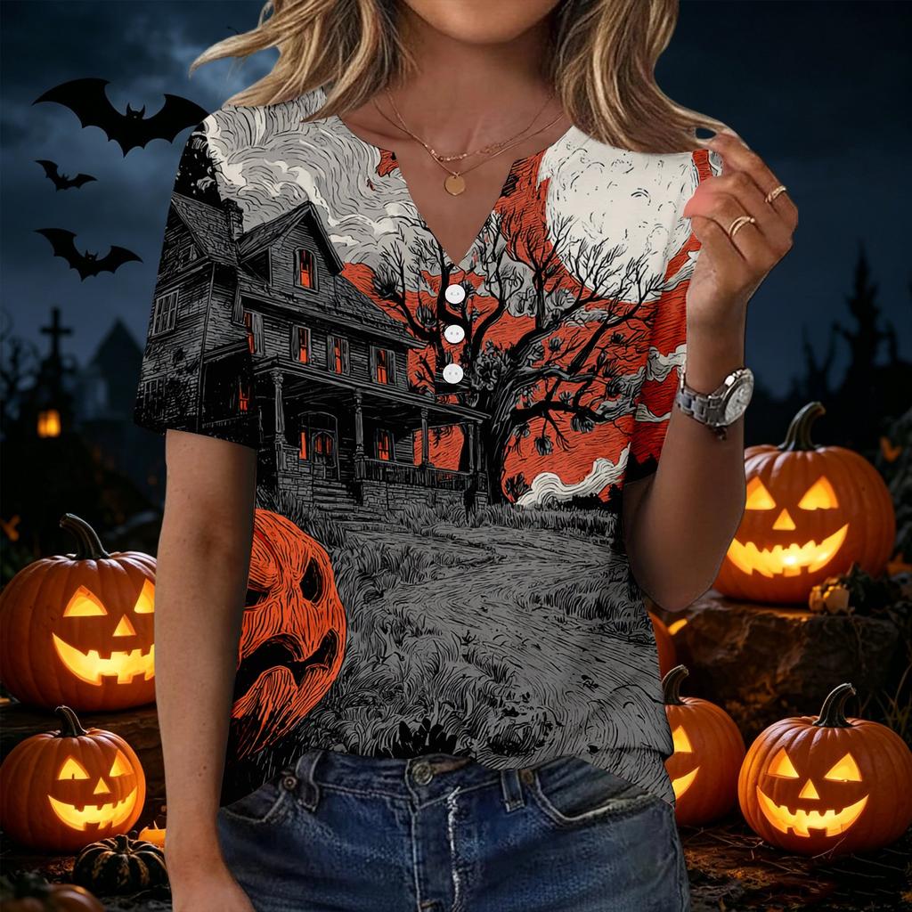 Women's Casual Halloween Print V Neck Short Sleeve Button Front Top Lightweight Comfortable Fit