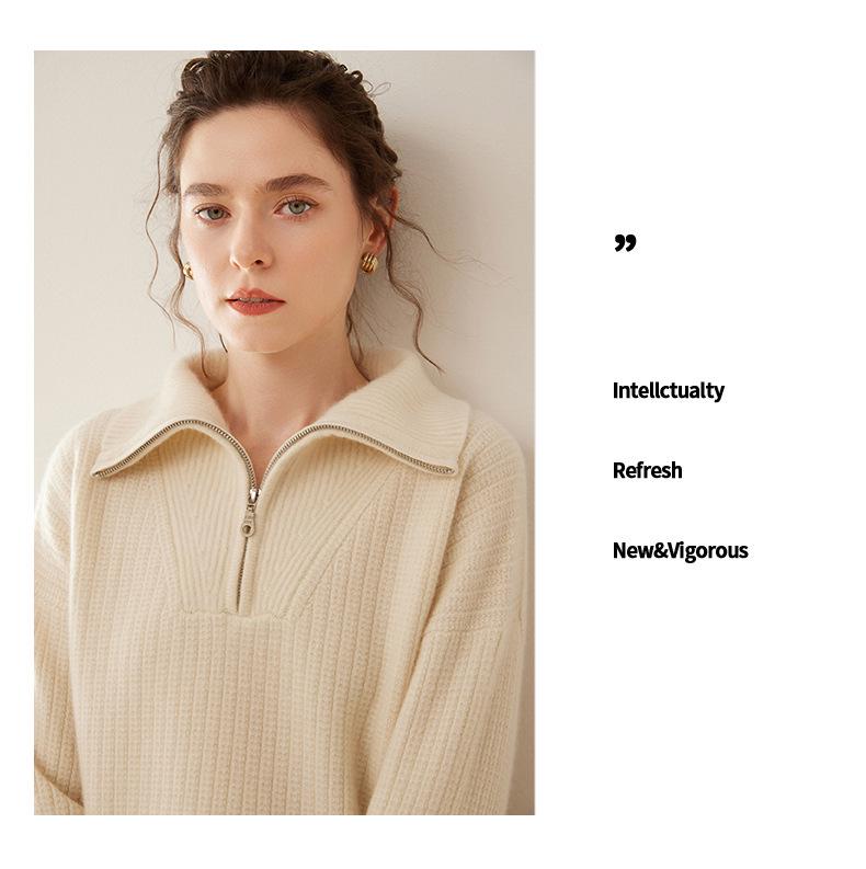 Women's High Neck Pure Cashmere Sweater, Half Zip, Loose Fit, Thickened Knit for Autumn/Winter Fashion.