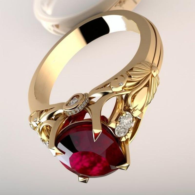 Retro Leaf Carved Ruby Ring Gold Color Red Crystal Engagement Ring Luxury Vintage Style Promise Ring for Women Wedding Jewelry