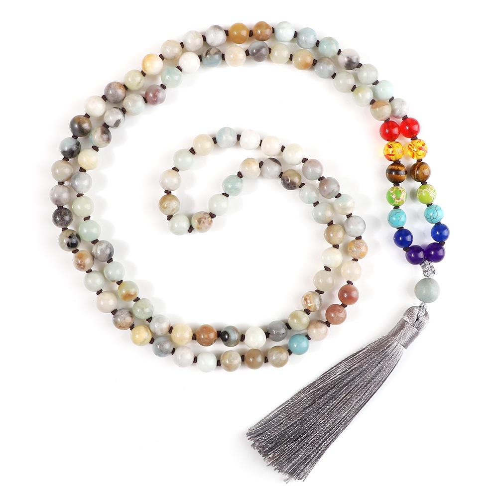 Creative 108 Beads Colorful Stone Necklace & 8mm Chinese Tassel Knot Bracelet