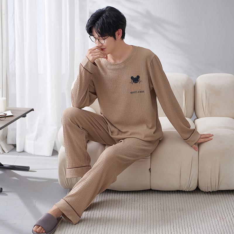 

Пижамы мужские весенне-осенние с длинными рукавами мужские для отдыха Простая однотонная домашняя одежда Хлопковый пуловер можно носить поверх костюма