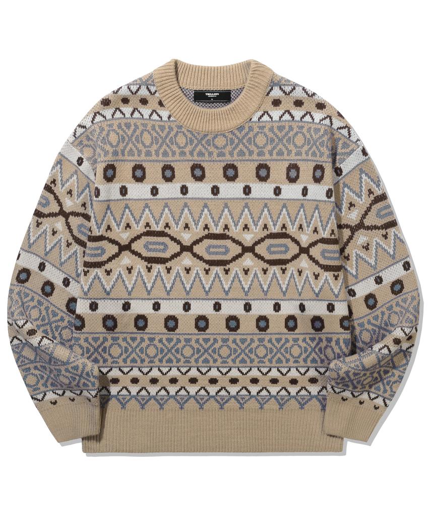 TRILLION Vintage Fair Isle Jacquard Crewneck Knit_Beige