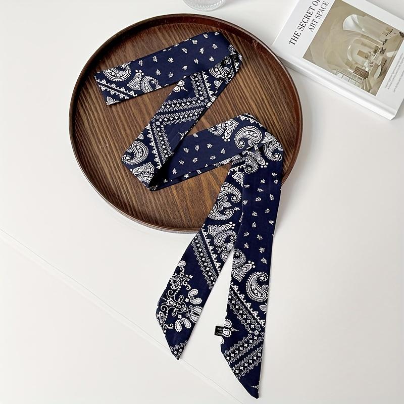 2Pcs, two navy blue and white, 188 * 5cm, thin and narrow long silk scarves, versatile cashew nut flowers in summer, tied hair