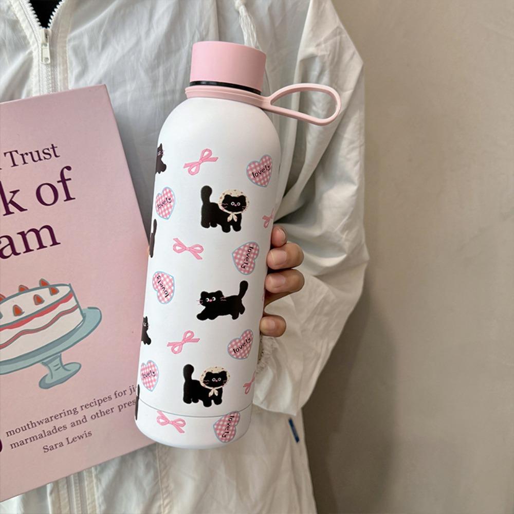 

Large Capacity Vacuum Insulated Cup Leakproof Coffee Cup Bow Cat Thermal Cup Outdoor Travel With Handle