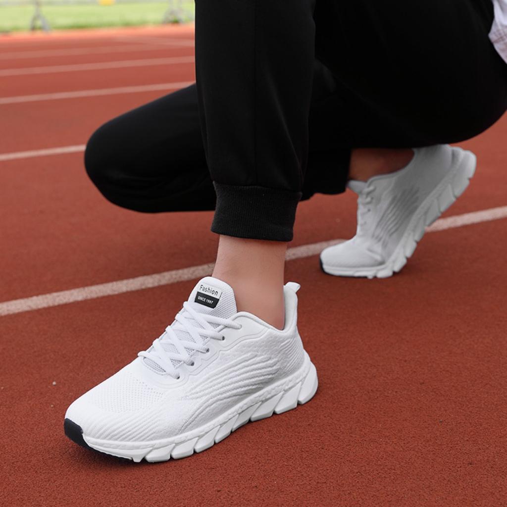 Unisex White Sports Shoes, Mesh Breathable Lightweight Running Shoes, Soft Soled Casual Walking Shoes
