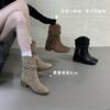 2025 Autumn and Winter New Tassel Thick Heel Women's Boots Square Head Inner Height Increase Western Cowboy Boots High Heel Knight Medium Boots