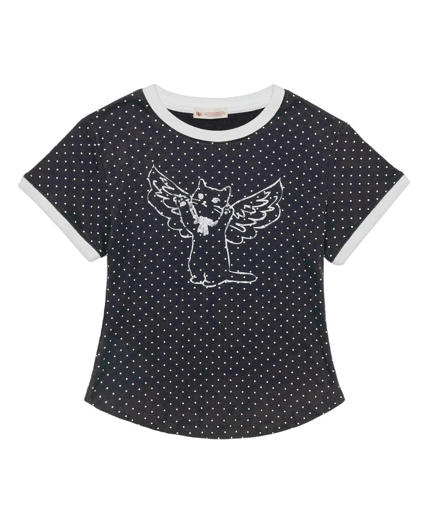 Loginaenloji Angel Cat Dot Ringer T-Shirt Charcoal Gray