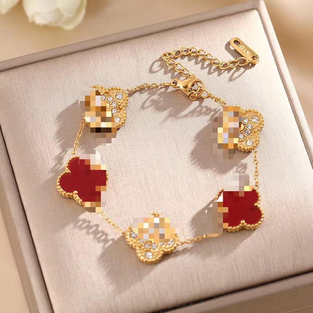 Luxe Titanium Staal Vierbladig Klaver Armband in Koreaanse Stijl met Ingelegde Diamanten voor Vrouwen - Kleurvast