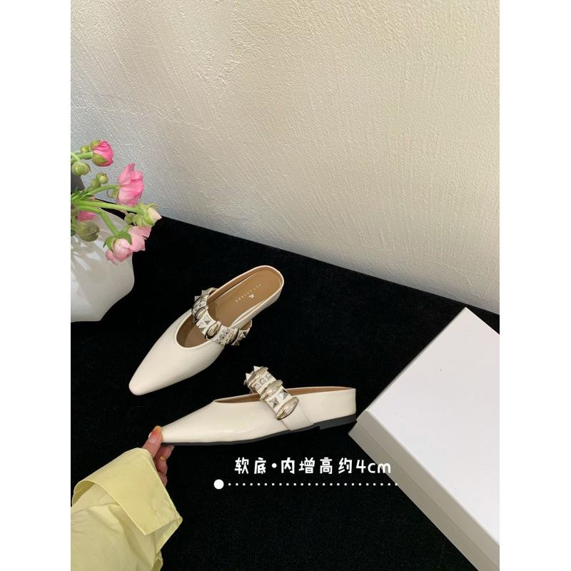 Inner Height Increase Rivet Bag Head Half Slippers Women's Summer Wear 2025 New Leopard Print Pointed Mary Jane Cool Slippers Silver